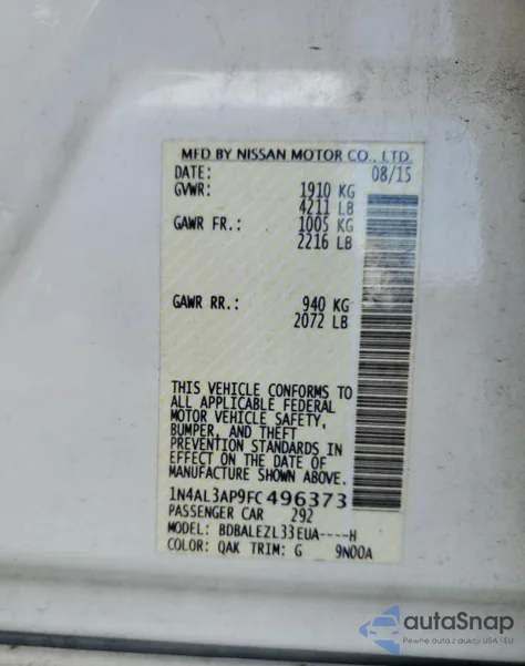 2015 Nissan Altima 2.5 z USA, uszkodzony, nr VIN 1N4AL3AP9FC496373